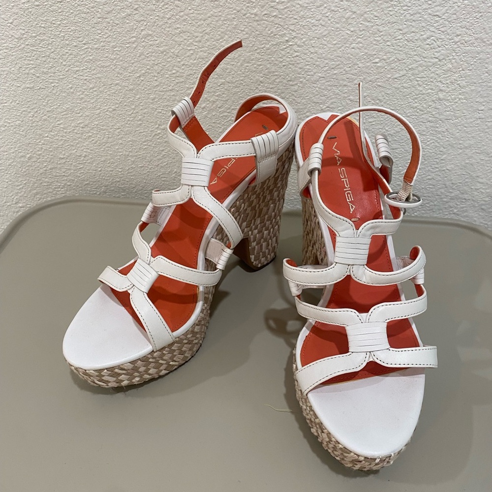 Via Spiga White and Tweed Strappy Platform Heels